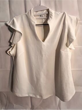 New York & Company Cream Ruffle Sleeve Keyhole Blouse